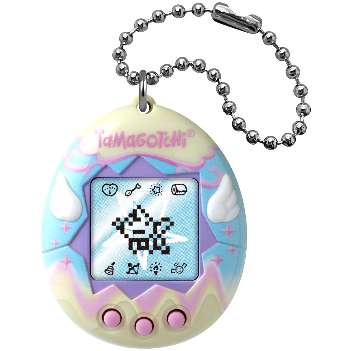 Pastel-colored Tamagotchi with a digital screen on a white background