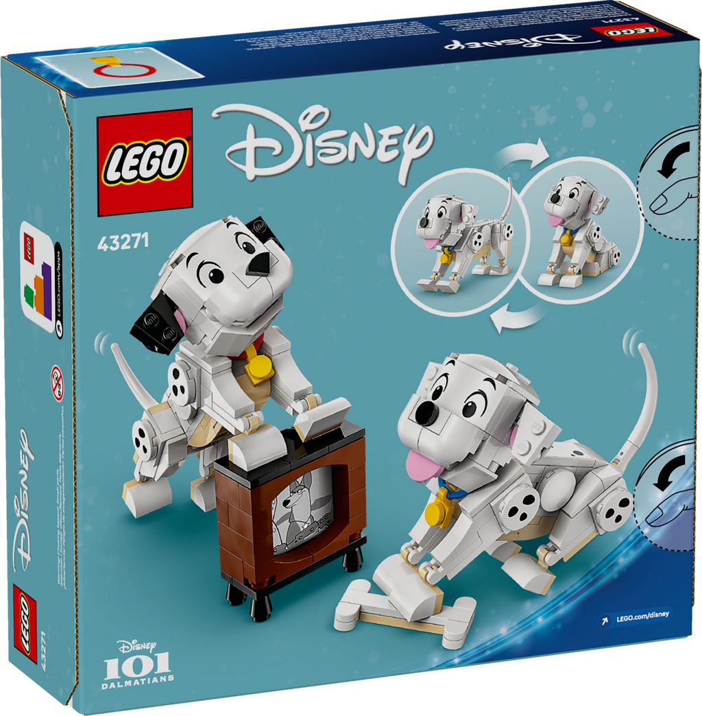 LEGO Disney 101 Dalmatians set packaging with two dalmatian dogs and a TV.
