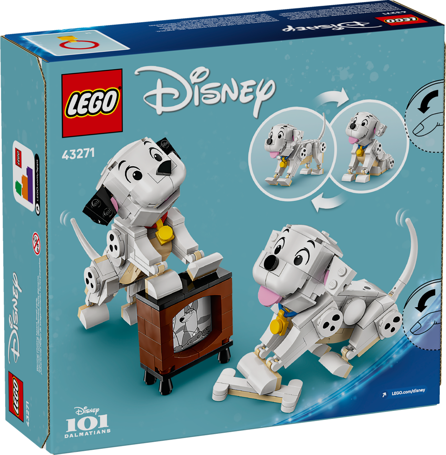 LEGO Disney 101 Dalmatians set packaging with two dalmatian dogs and a TV.