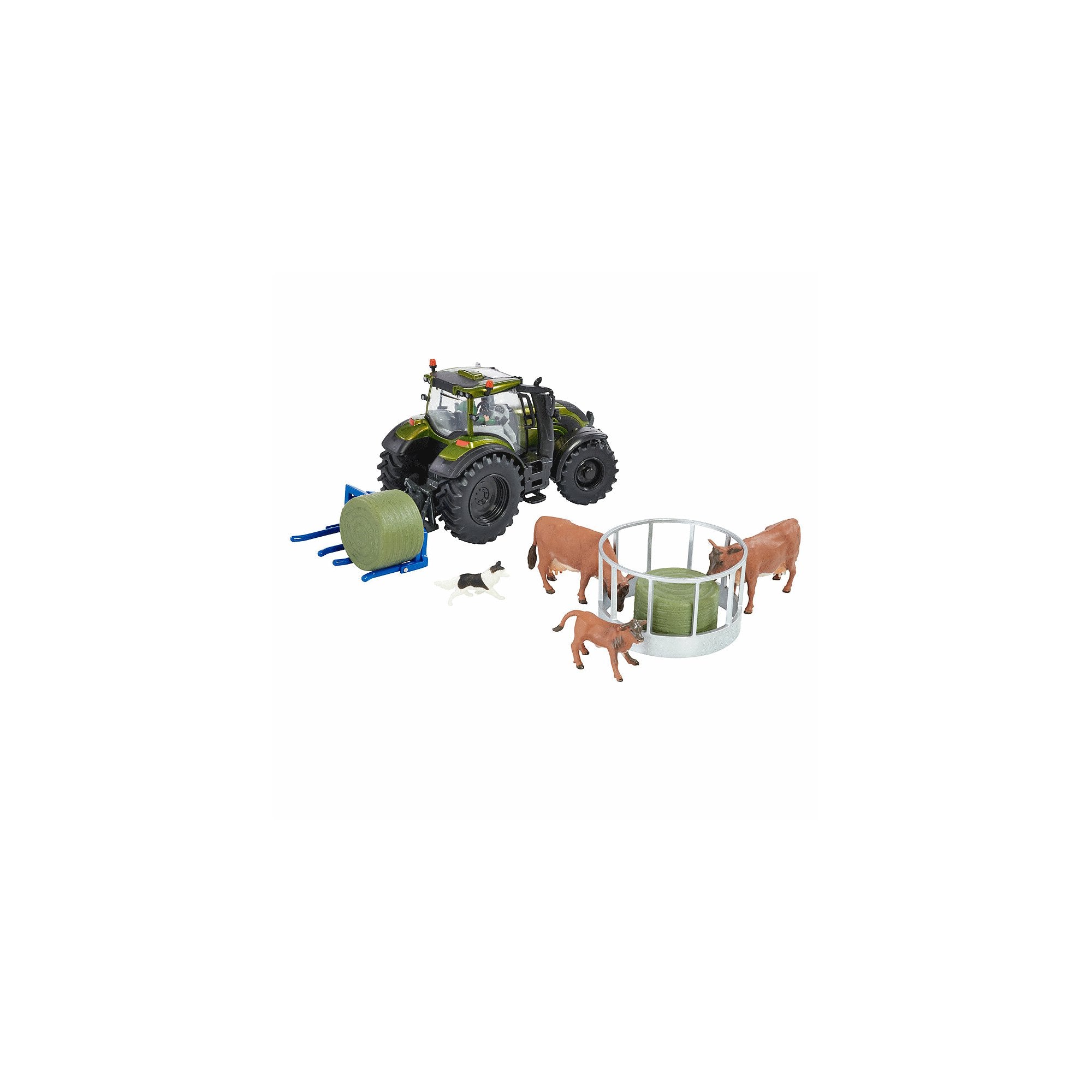 Metallic Olive Green Valtra Playset (+ Cow Feeder + Bale Lifter)