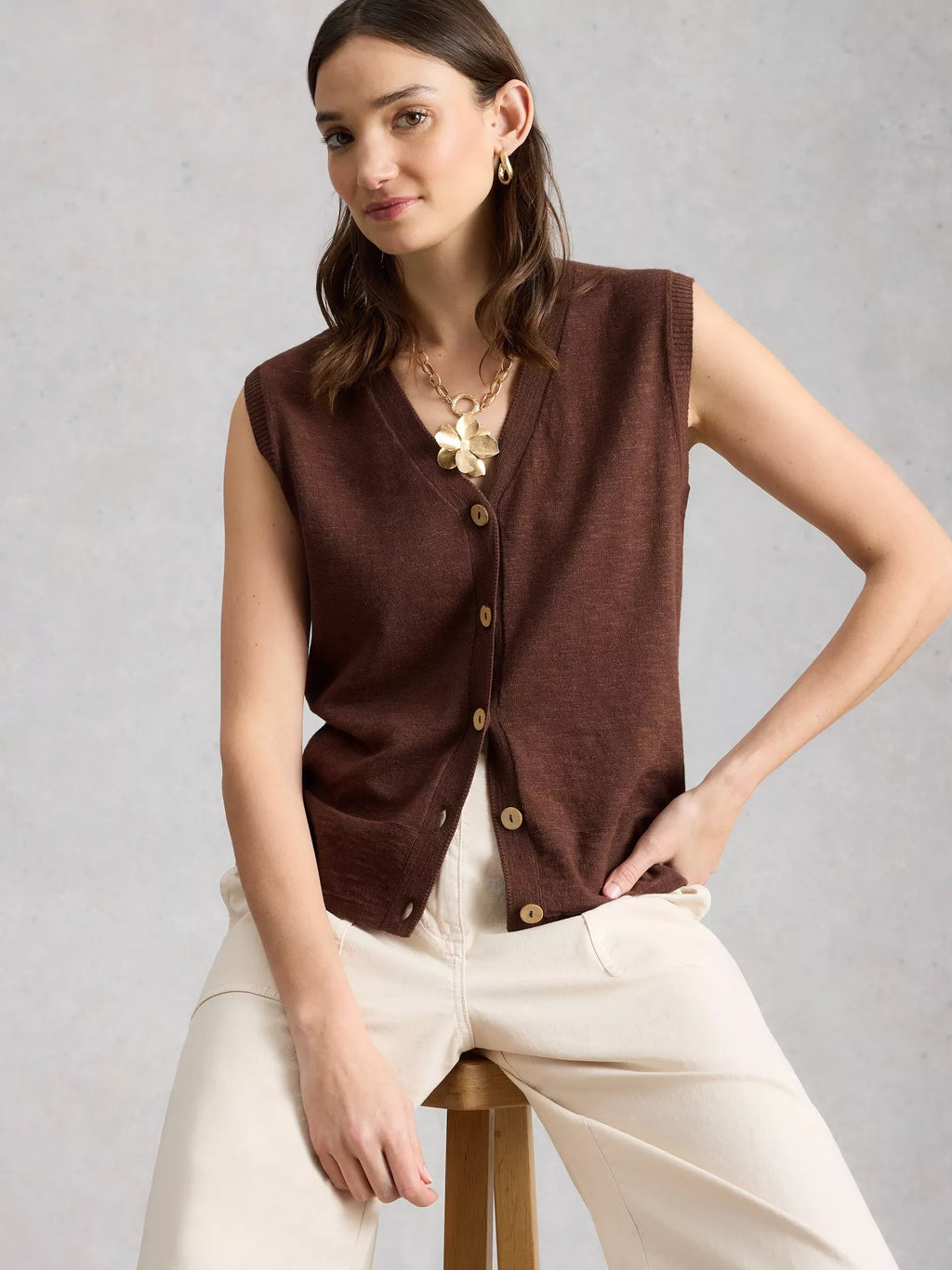 White Stuff Nova Linen Blend Tank – Dark Brown