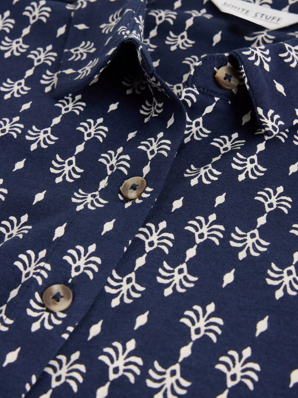 White Stuff Rua Jersey Collared Shirt Dress Navy Print – 50% Organic Cotton, 50% Modal, Midi Length, Shirt Collar, ¾ Sleeves