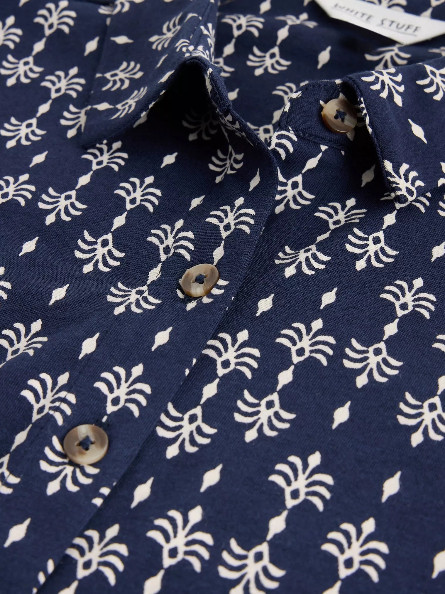 White Stuff Rua Jersey Collared Shirt Dress Navy Print – 50% Organic Cotton, 50% Modal, Midi Length, Shirt Collar, ¾ Sleeves