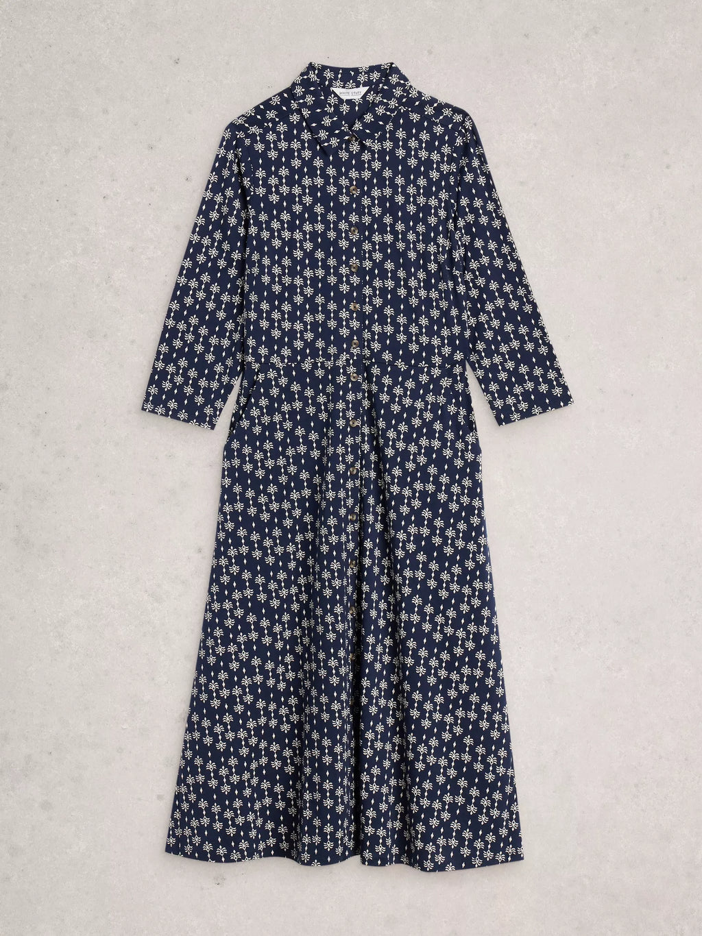 White Stuff Rua Jersey Collared Shirt Dress Navy Print – 50% Organic Cotton, 50% Modal, Midi Length, Shirt Collar, ¾ Sleeves