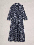 White Stuff Rua Jersey Collared Shirt Dress Navy Print – 50% Organic Cotton, 50% Modal, Midi Length, Shirt Collar, ¾ Sleeves