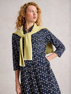White Stuff Rua Jersey Collared Shirt Dress Navy Print – 50% Organic Cotton, 50% Modal, Midi Length, Shirt Collar, ¾ Sleeves