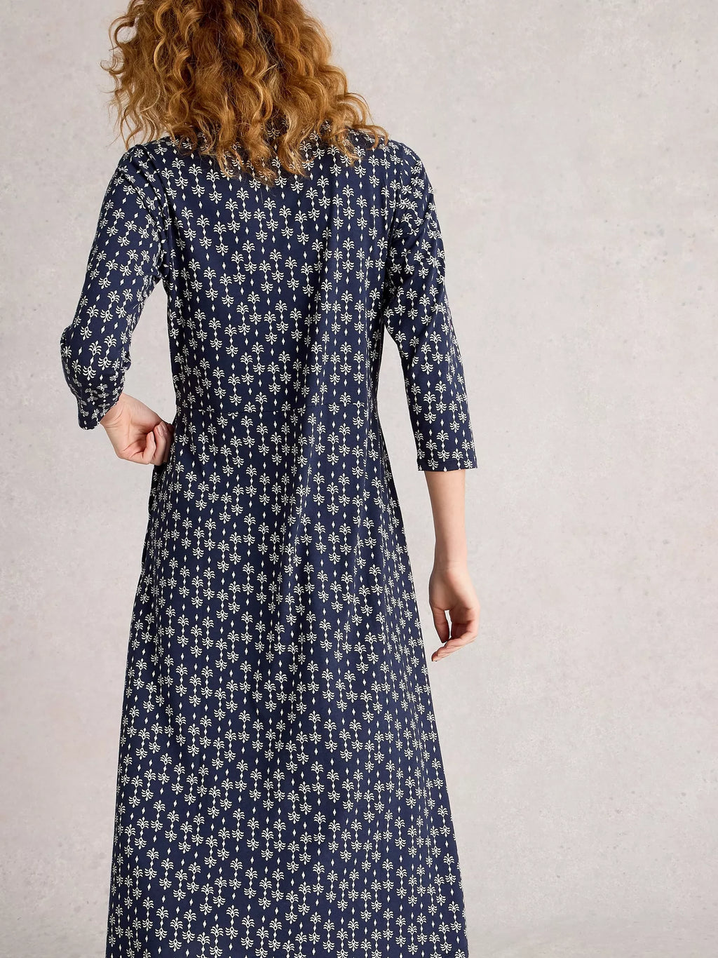 White Stuff Rua Jersey Collared Shirt Dress Navy Print – 50% Organic Cotton, 50% Modal, Midi Length, Shirt Collar, ¾ Sleeves