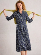 White Stuff Rua Jersey Collared Shirt Dress Navy Print – 50% Organic Cotton, 50% Modal, Midi Length, Shirt Collar, ¾ Sleeves