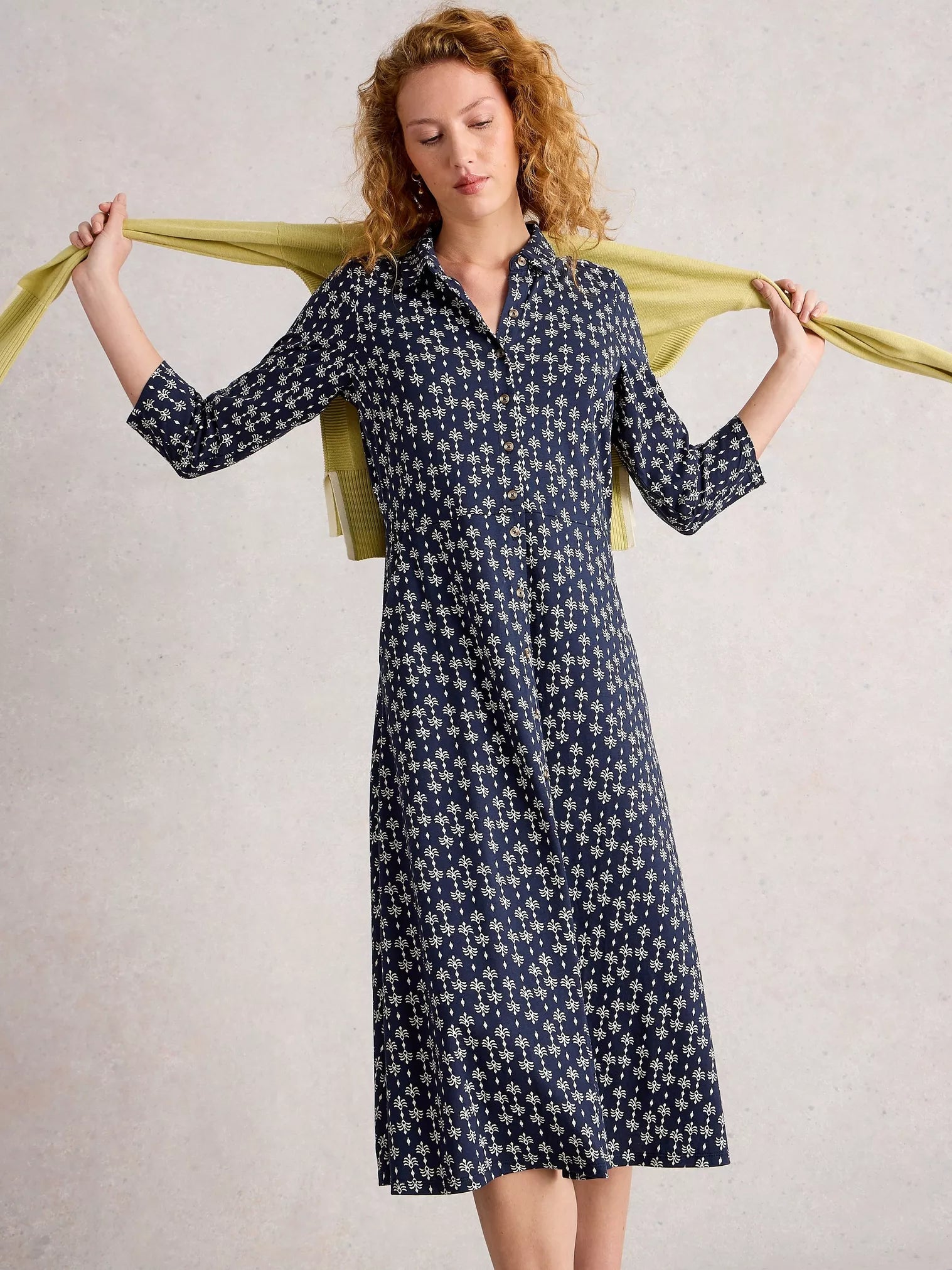 White Stuff Rua Jersey Collared Shirt Dress Navy Print – 50% Organic Cotton, 50% Modal, Midi Length, Shirt Collar, ¾ Sleeves
