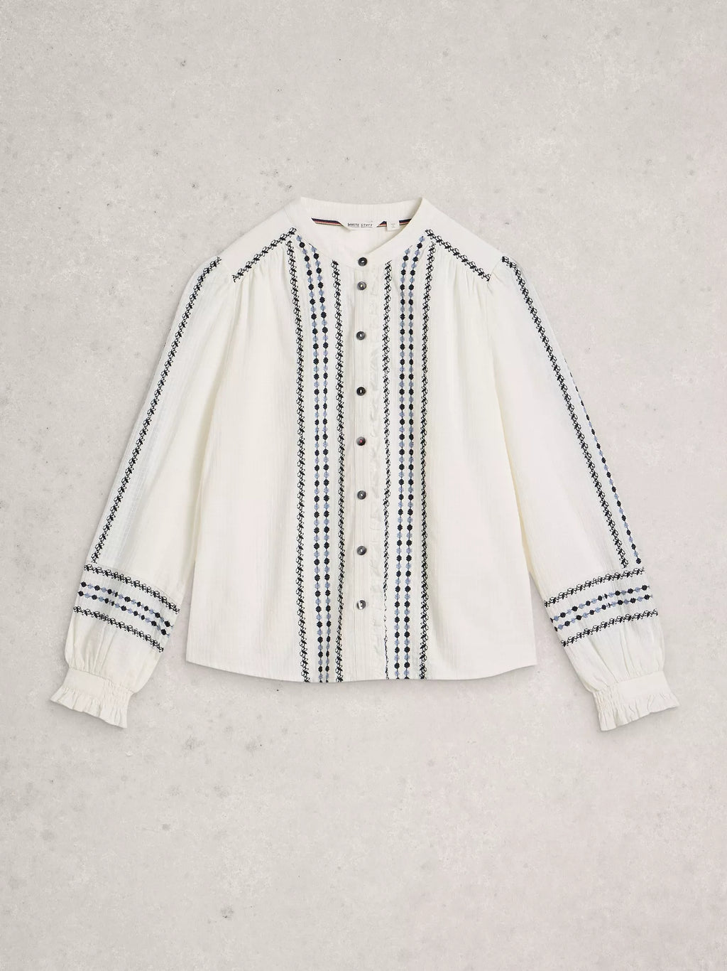 White Stuff Naomi Embroidered Shirt Ivory Multi – 100% Organic Cotton, Collared Button-Up with Elastic Cuffs