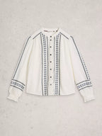 White Stuff Naomi Embroidered Shirt Ivory Multi – 100% Organic Cotton, Collared Button-Up with Elastic Cuffs