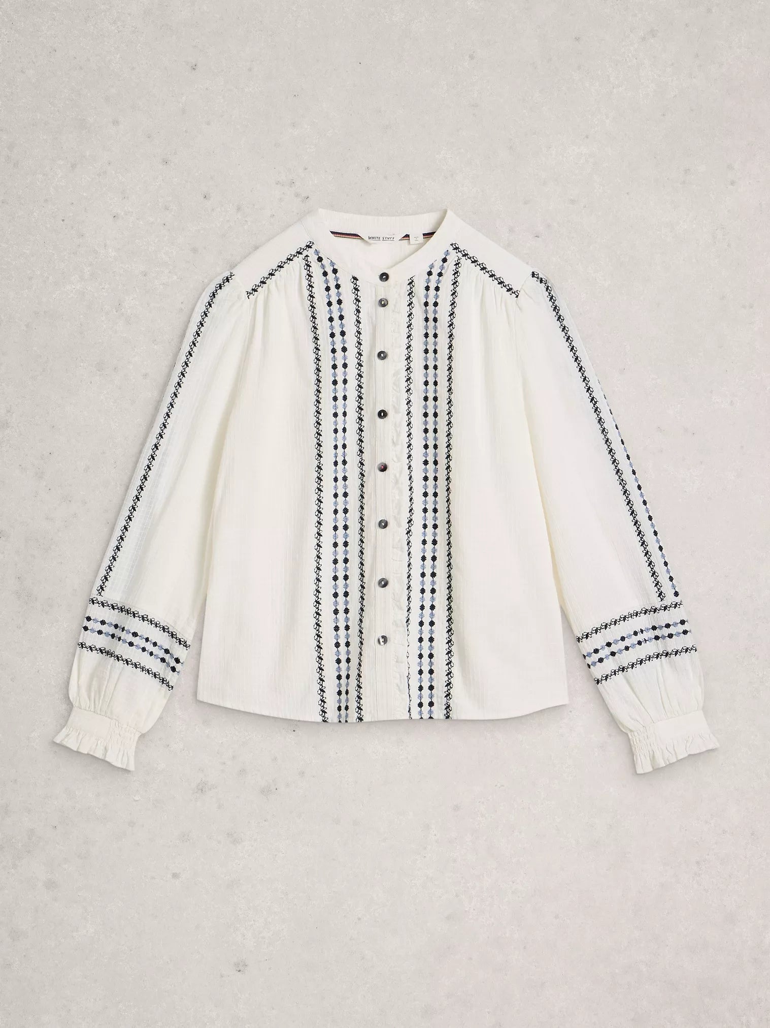 White Stuff Naomi Embroidered Shirt Ivory Multi – 100% Organic Cotton, Collared Button-Up with Elastic Cuffs