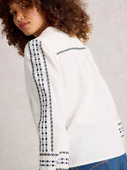 White Stuff Naomi Embroidered Shirt Ivory Multi – 100% Organic Cotton, Collared Button-Up with Elastic Cuffs