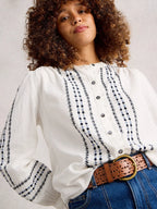 White Stuff Naomi Embroidered Shirt Ivory Multi – 100% Organic Cotton, Collared Button-Up with Elastic Cuffs