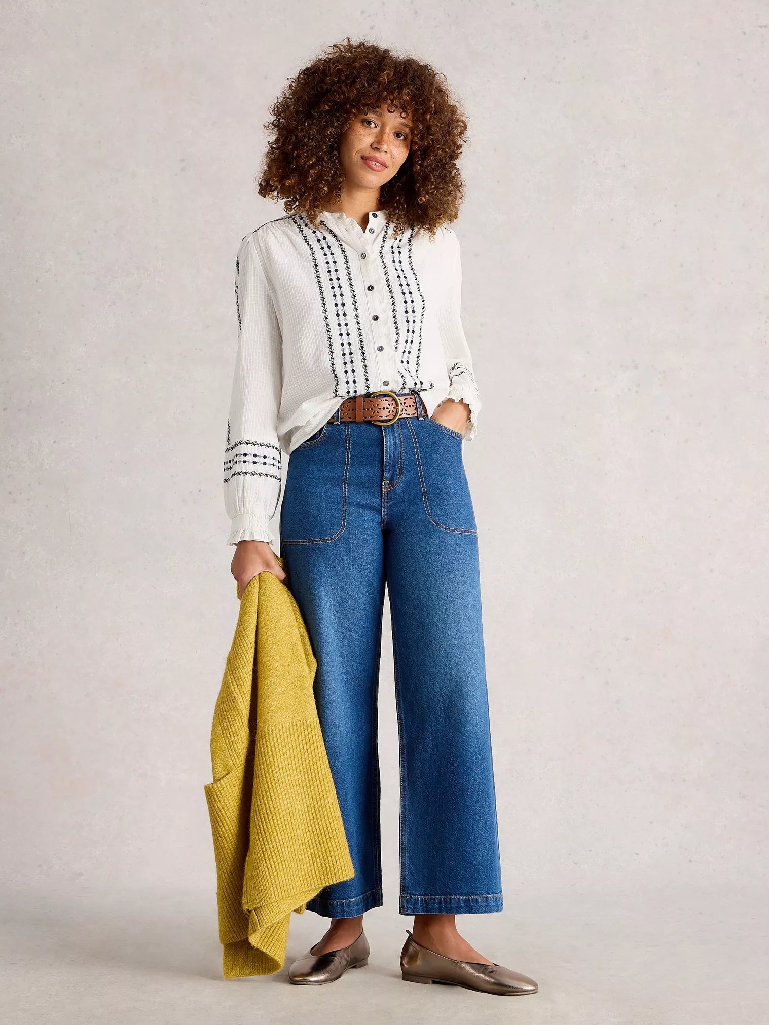 White Stuff Naomi Embroidered Shirt Ivory Multi – 100% Organic Cotton, Collared Button-Up with Elastic Cuffs