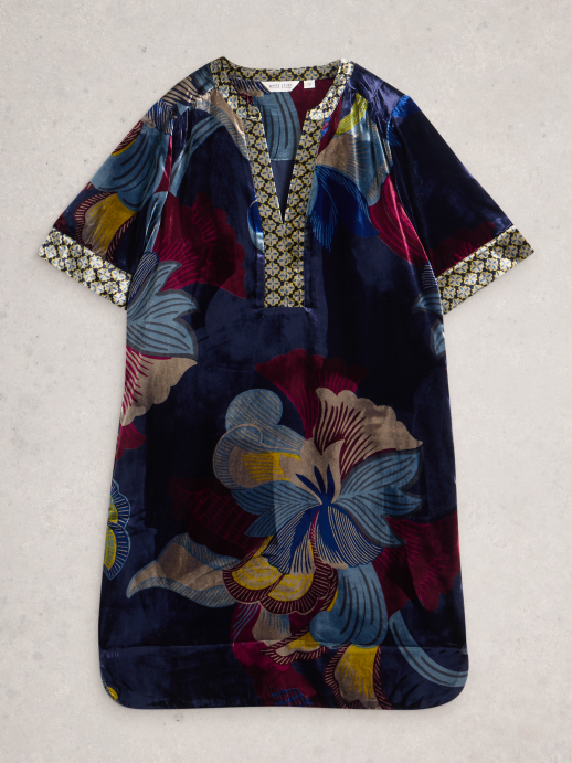 White Stuff June Velvet Dress – Dark Navy | Soft Knee-Length Style