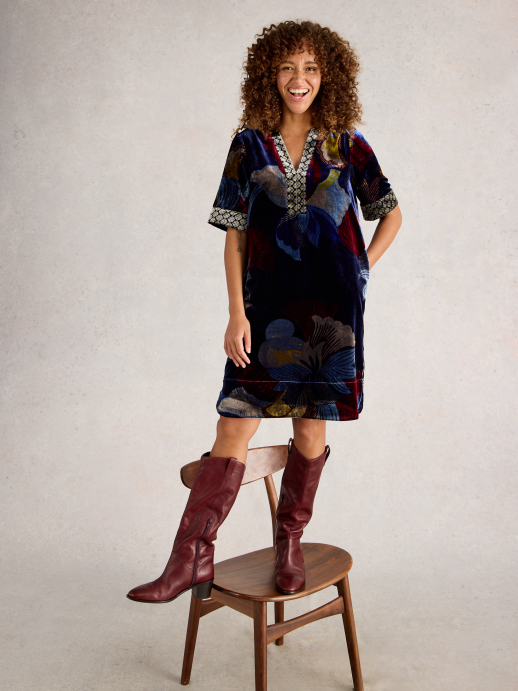 White Stuff June Velvet Dress – Dark Navy | Soft Knee-Length Style
