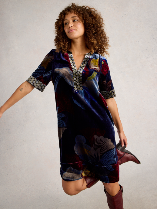 White Stuff June Velvet Dress – Dark Navy | Soft Knee-Length Style