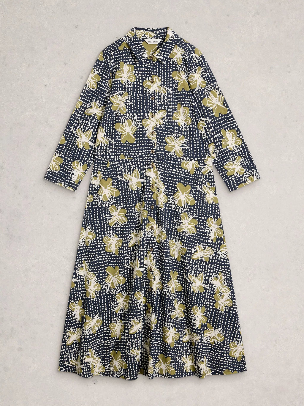 White Stuff Rua Jersey Midi Shirt Dress | Organic Cotton & Modal (Navy Print)