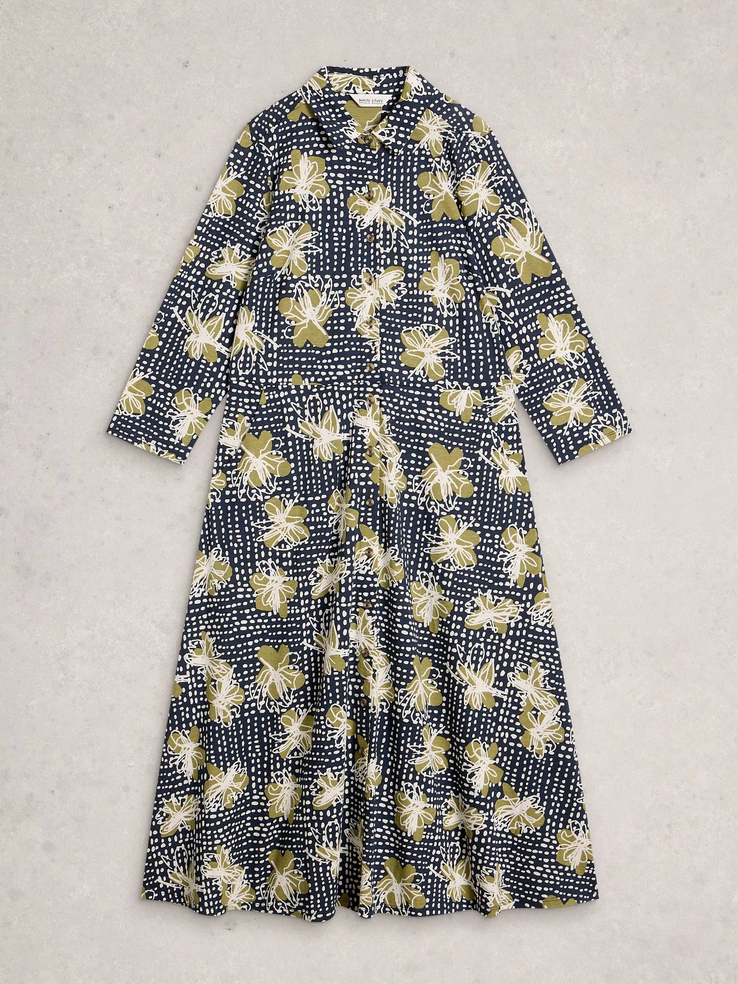 White Stuff Rua Jersey Midi Shirt Dress | Organic Cotton & Modal (Navy Print)