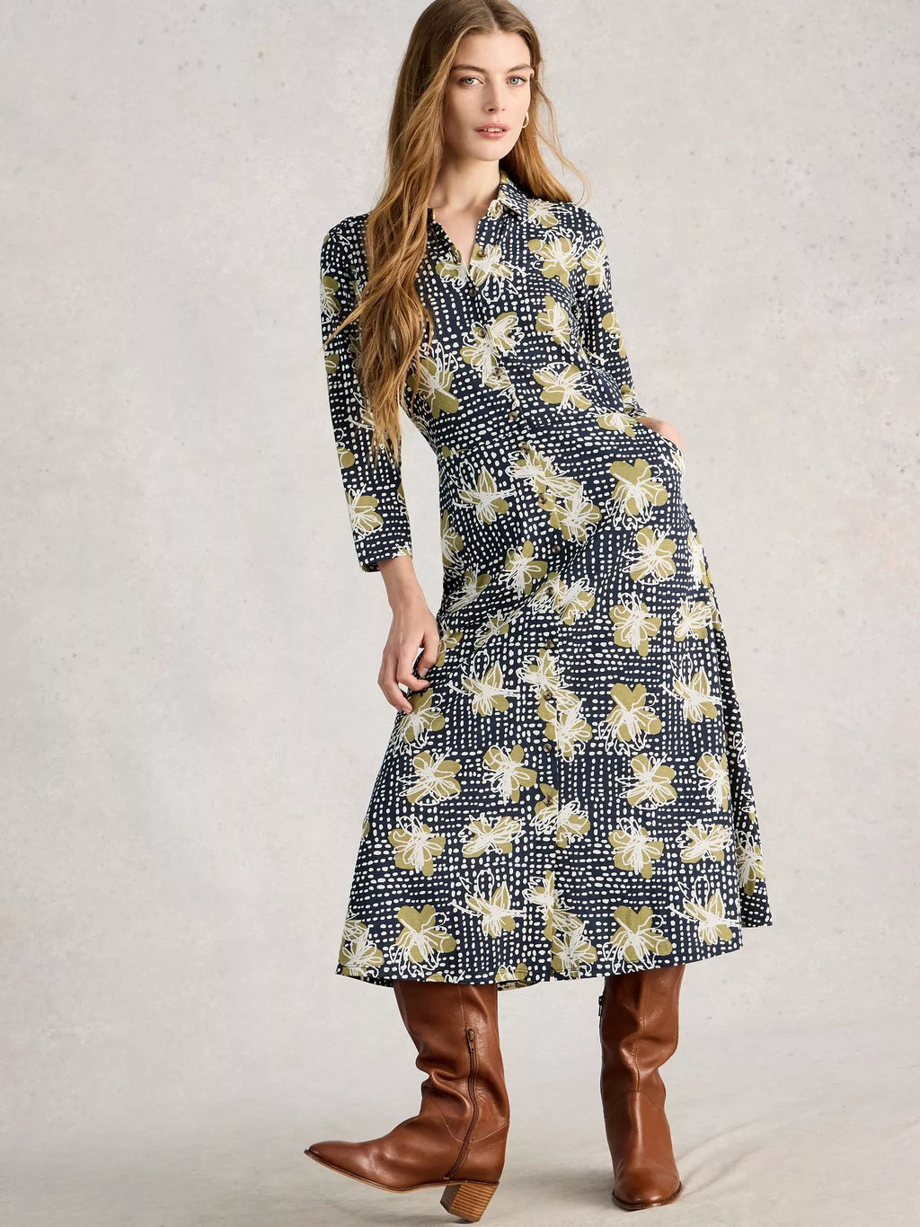 White Stuff Rua Jersey Midi Shirt Dress | Organic Cotton & Modal (Navy Print)