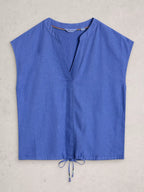Nicole Linen Blend Notch Neck Top – Bright Blue | Women’s Summer Top