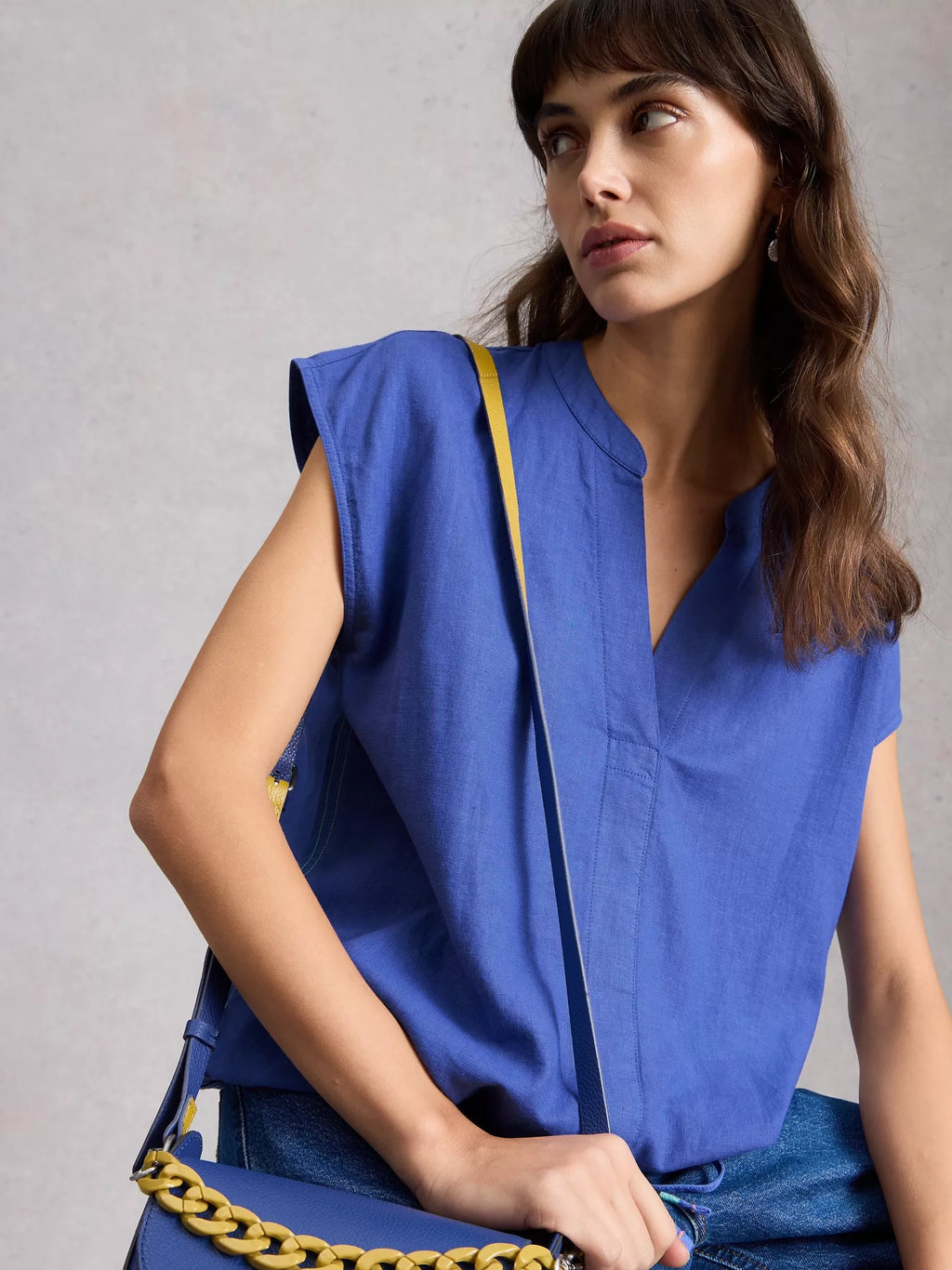 Nicole Linen Blend Notch Neck Top – Bright Blue | Women’s Summer Top