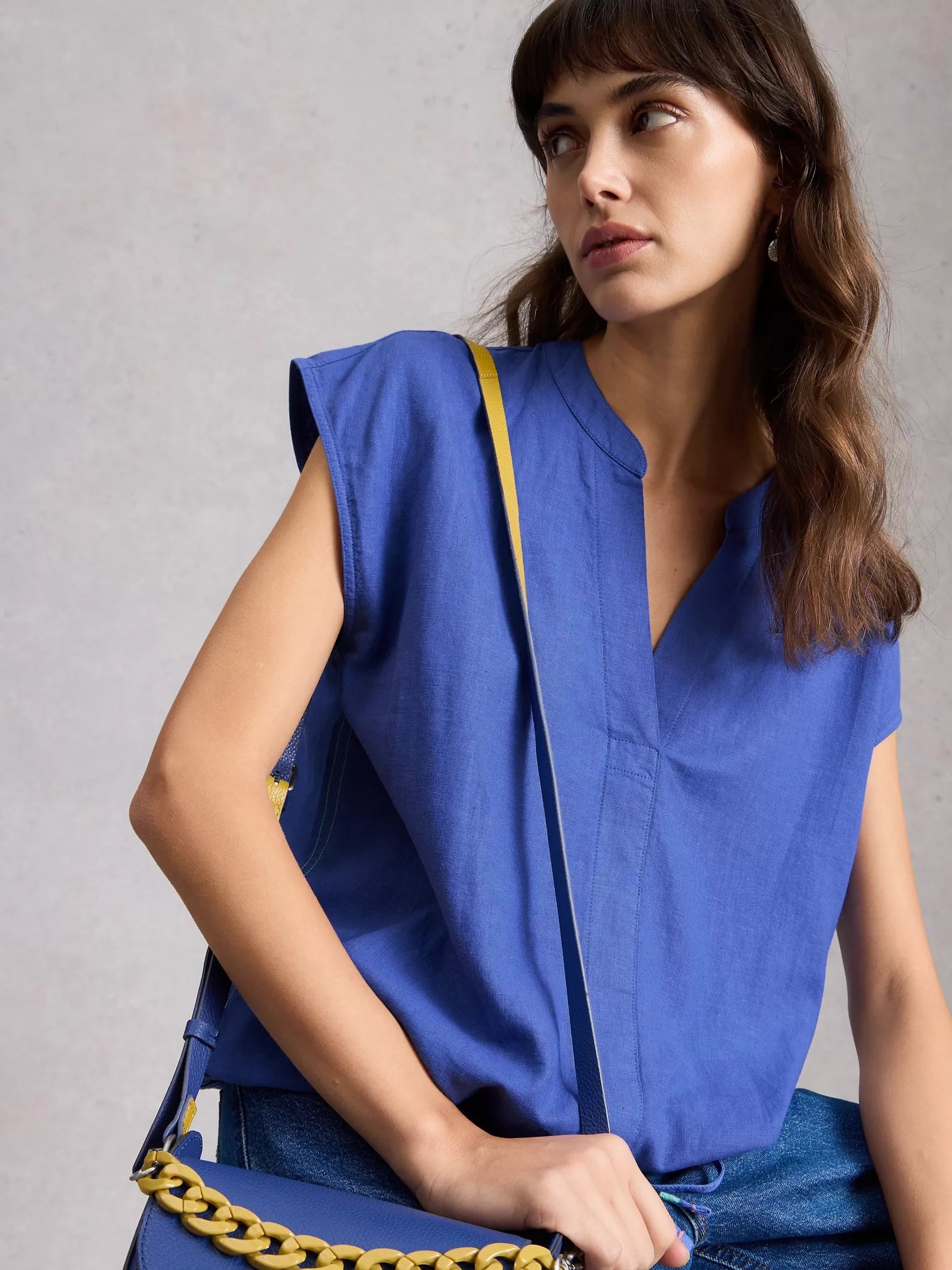 Nicole Linen Blend Notch Neck Top – Bright Blue | Women’s Summer Top
