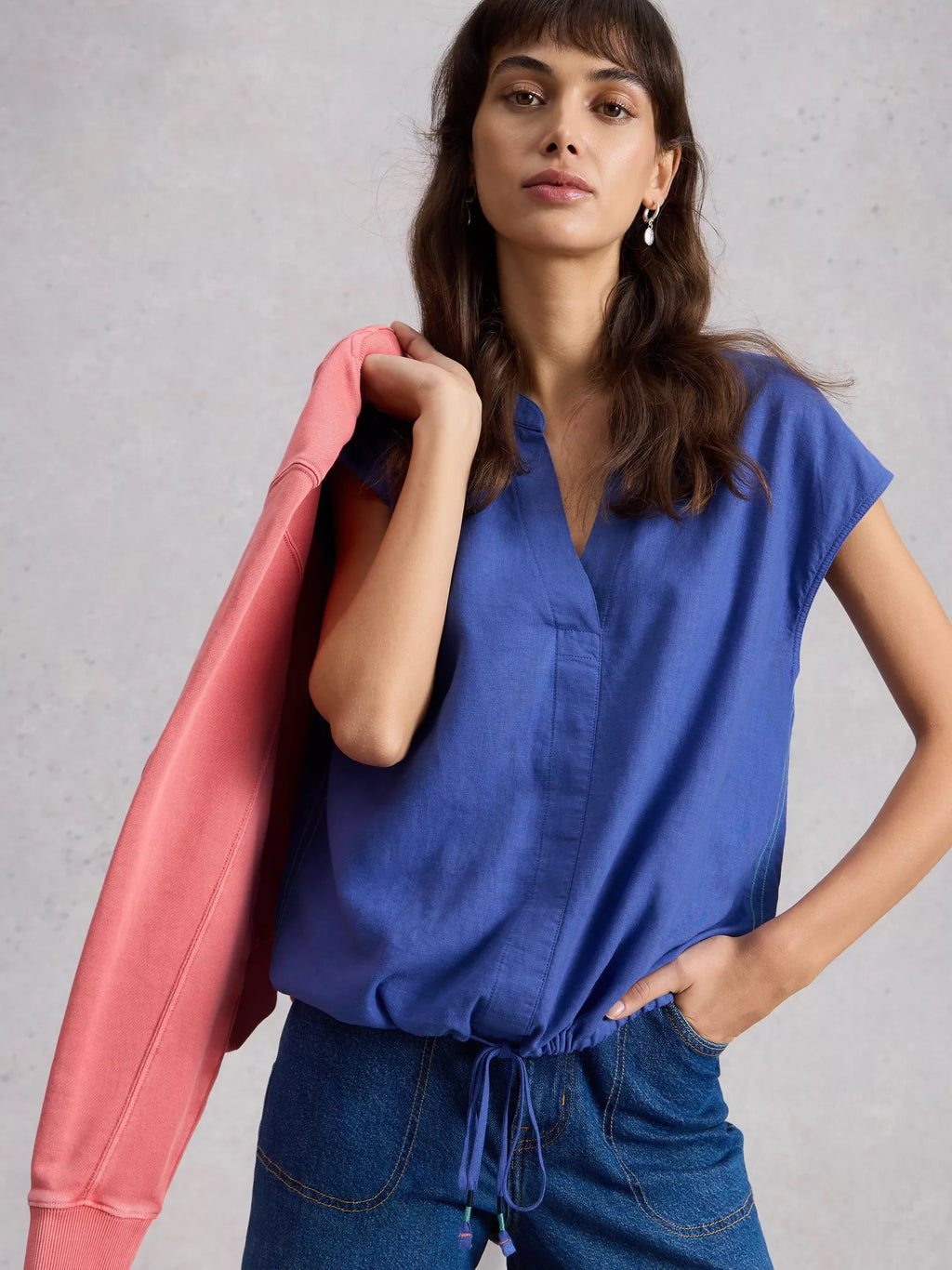 Nicole Linen Blend Notch Neck Top – Bright Blue | Women’s Summer Top