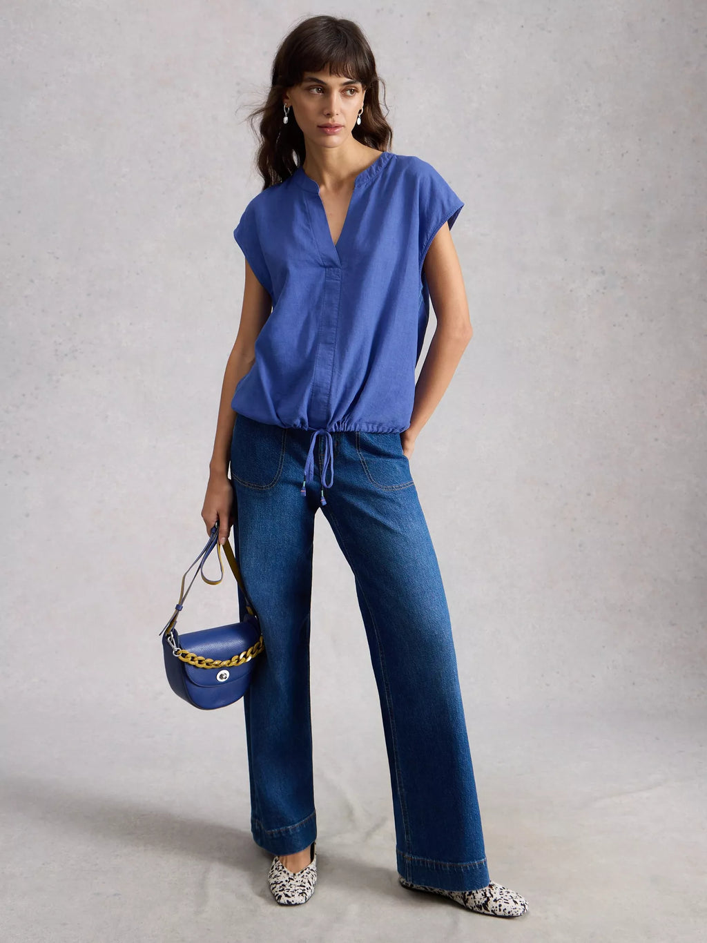 Nicole Linen Blend Notch Neck Top – Bright Blue | Women’s Summer Top