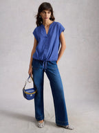 Nicole Linen Blend Notch Neck Top – Bright Blue | Women’s Summer Top