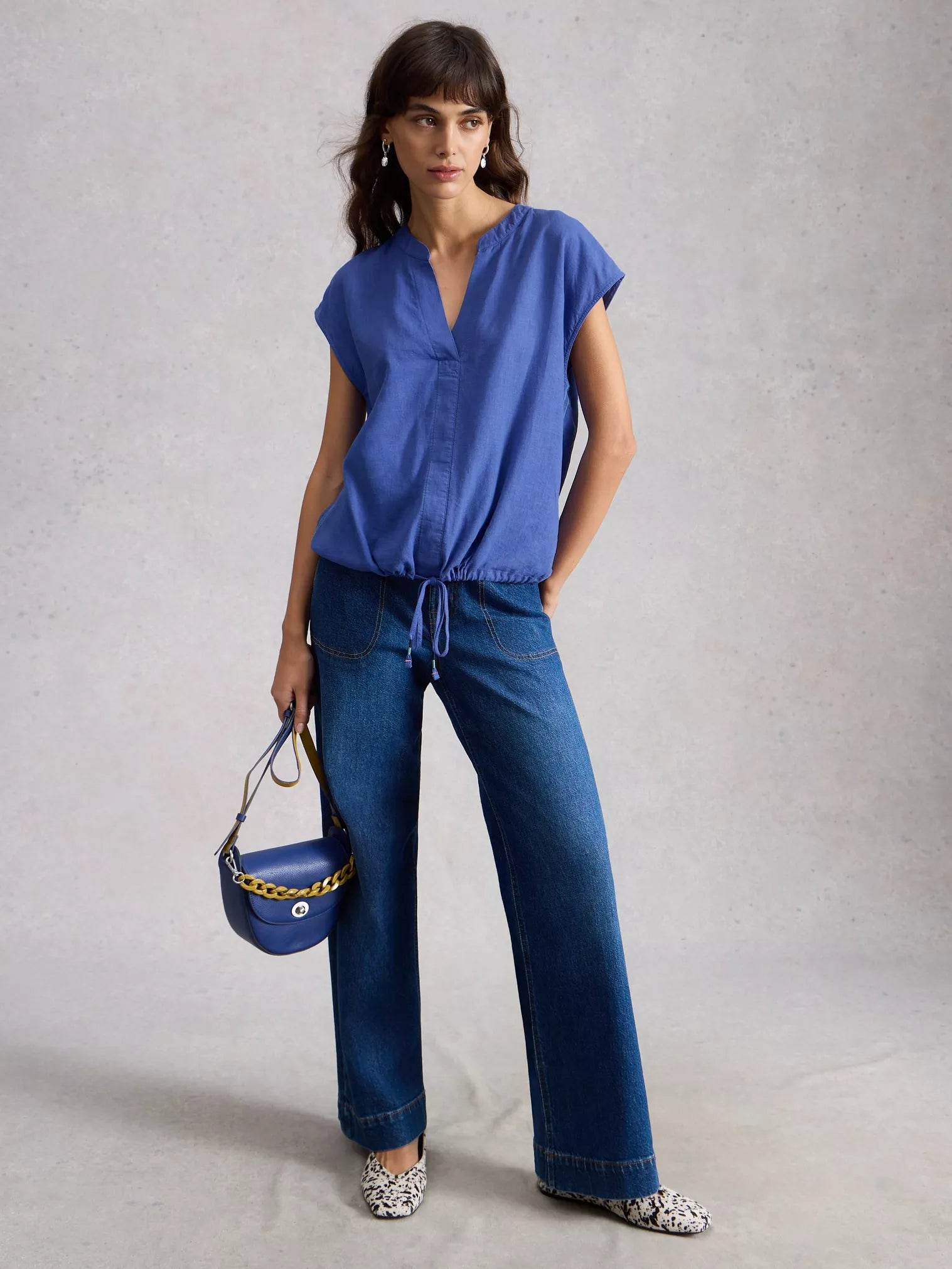 Nicole Linen Blend Notch Neck Top – Bright Blue | Women’s Summer Top