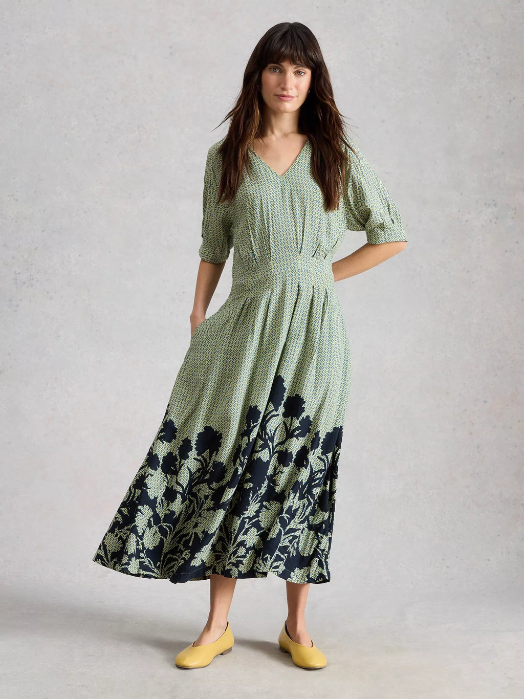Kate V-Neck Midi Dress – Green Print | Women’s Midi Dress