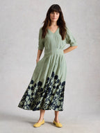 Kate V-Neck Midi Dress – Green Print | Women’s Midi Dress