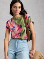 Woven Mix Tee – Green Print | Women’s Casual Top
