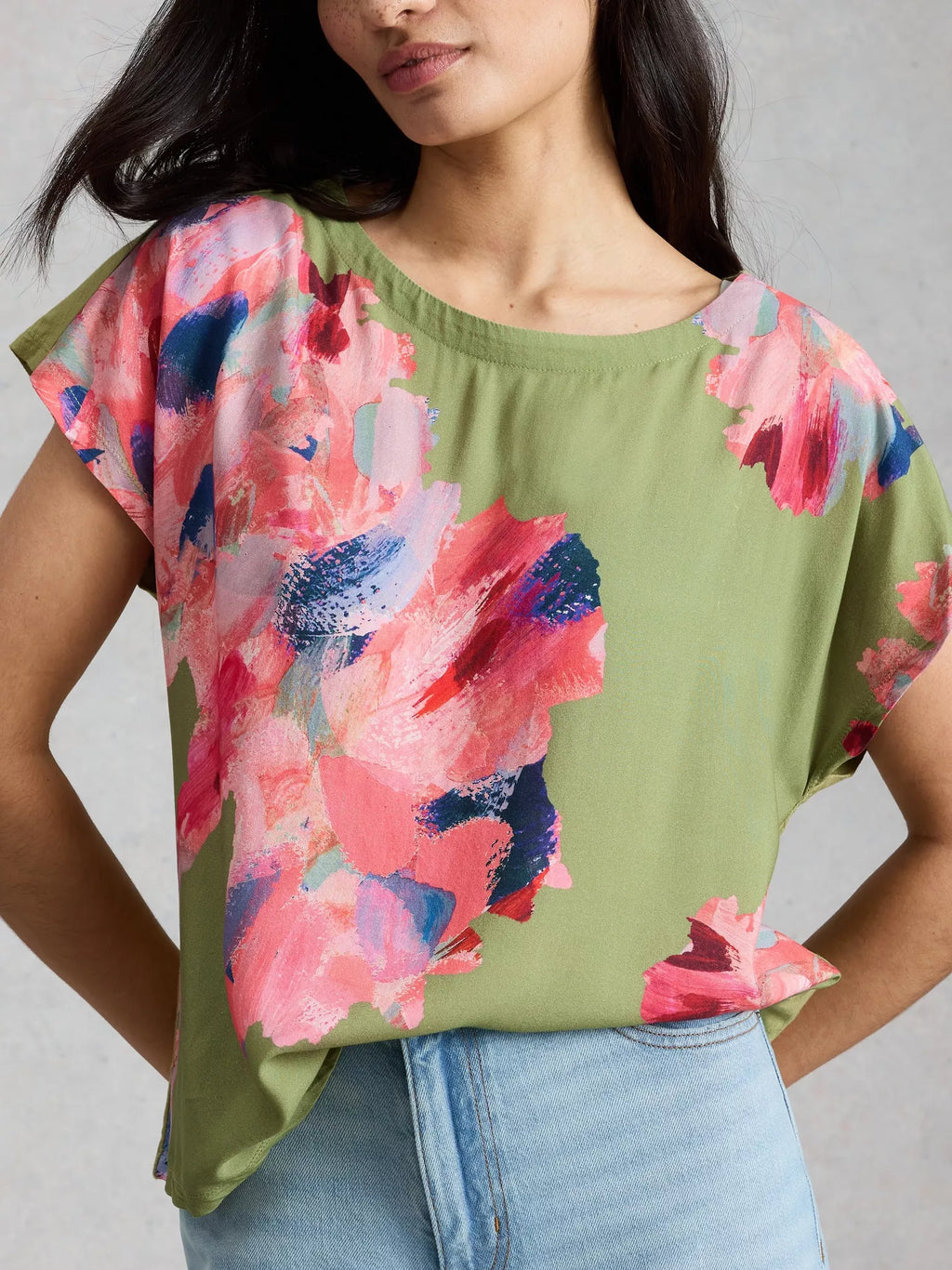 Woven Mix Tee – Green Print | Women’s Casual Top