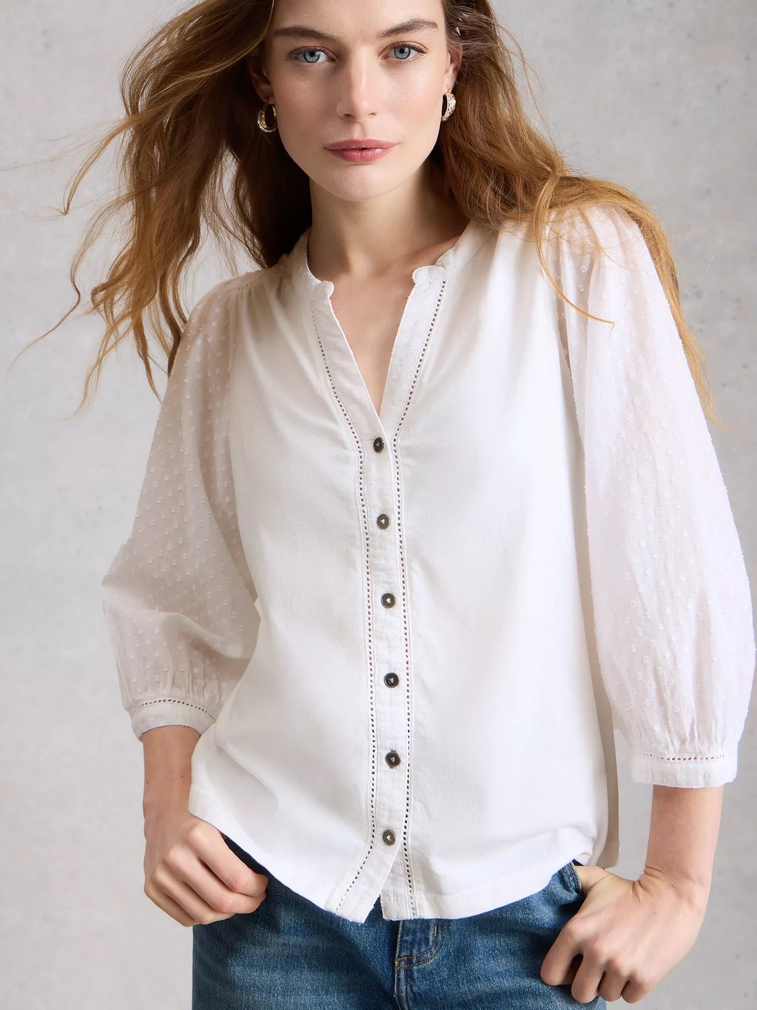 White Stuff Daisy Dobby Mix Top - Brilliant White | Organic Cotton