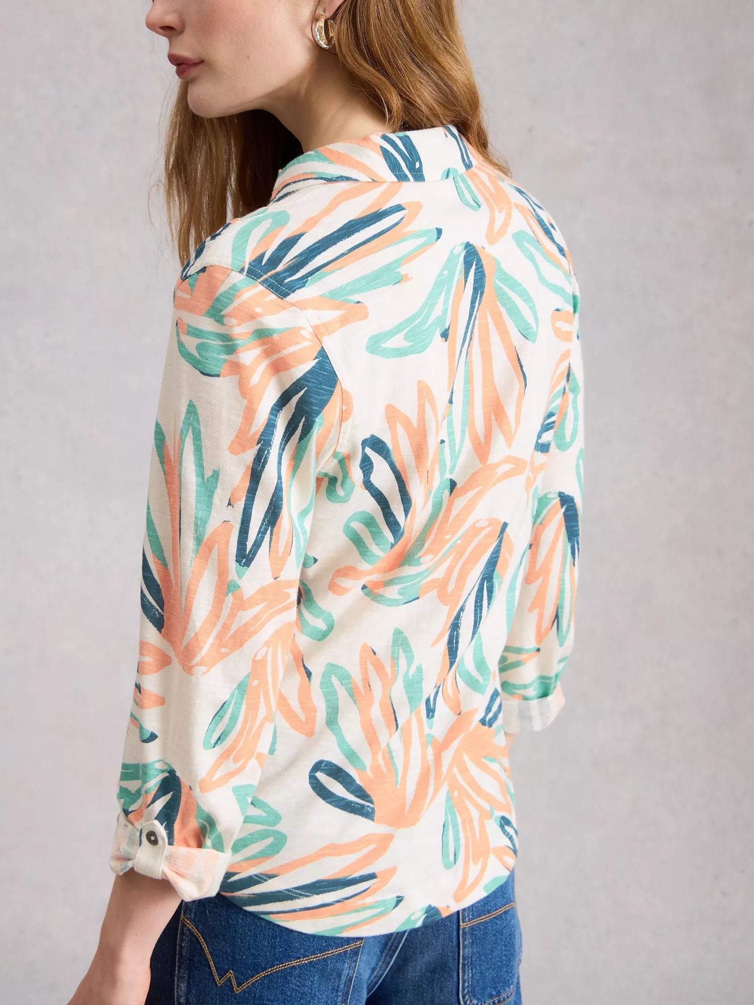 White Stuff Annie Cotton Jersey Collared Shirt - 3/4 Sleeve Regular Fit