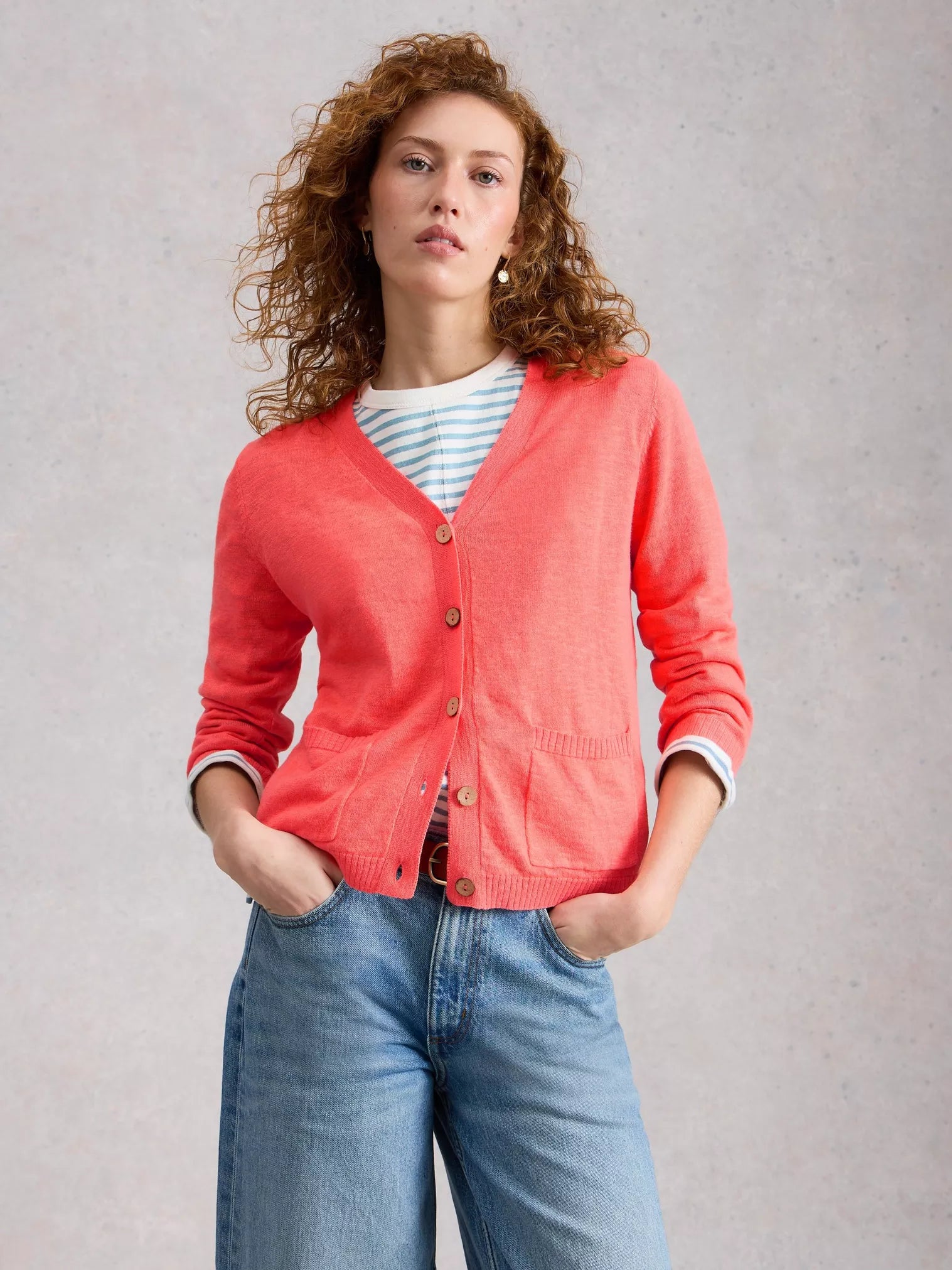 Nova Linen Blend Cardigan – Mid Coral | Women’s Summer Cardigan
