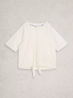 Embroidered Tie Hem Crew Neck Top – White | Women’s Summer Top