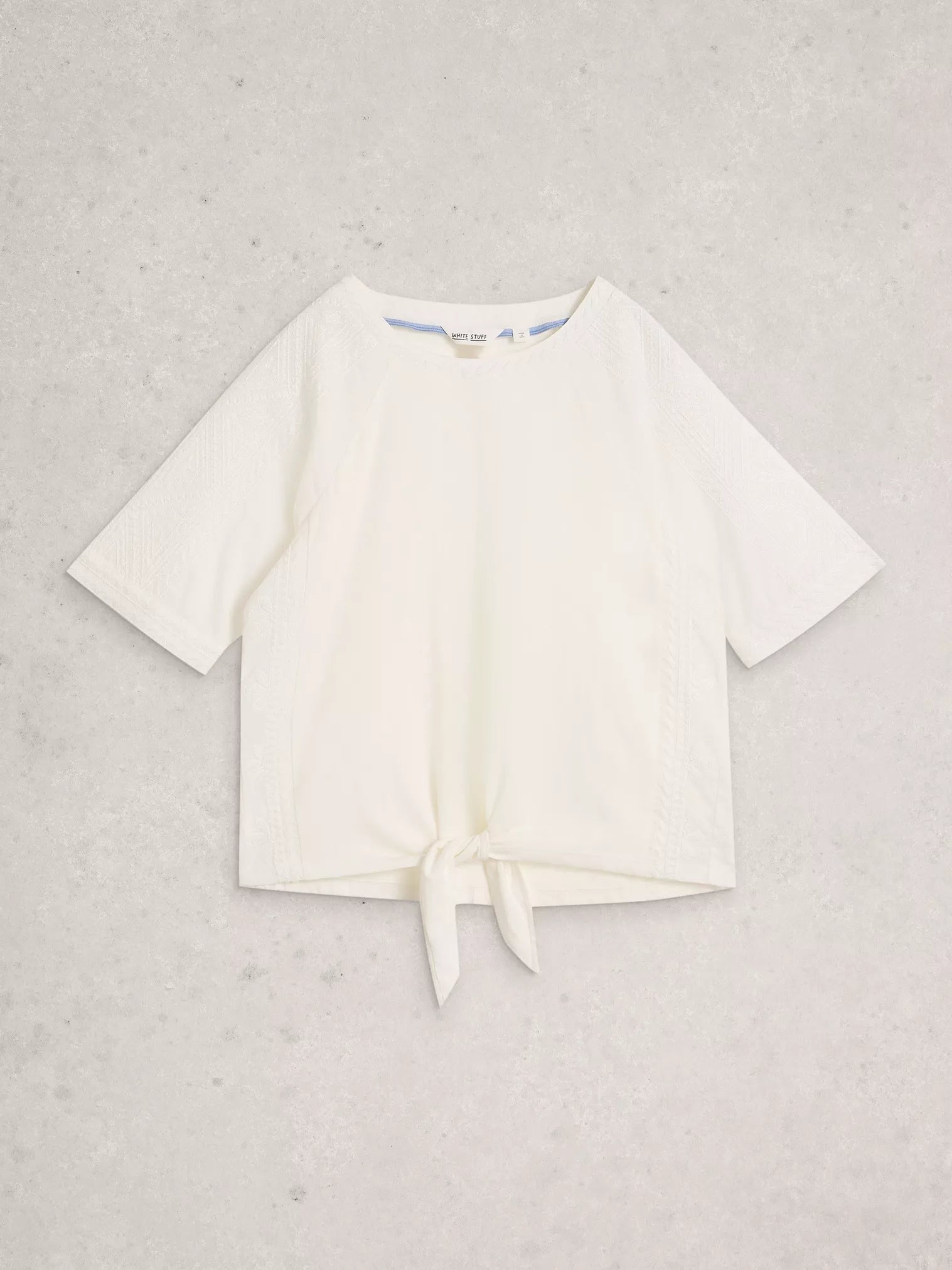 Embroidered Tie Hem Crew Neck Top – White | Women’s Summer Top