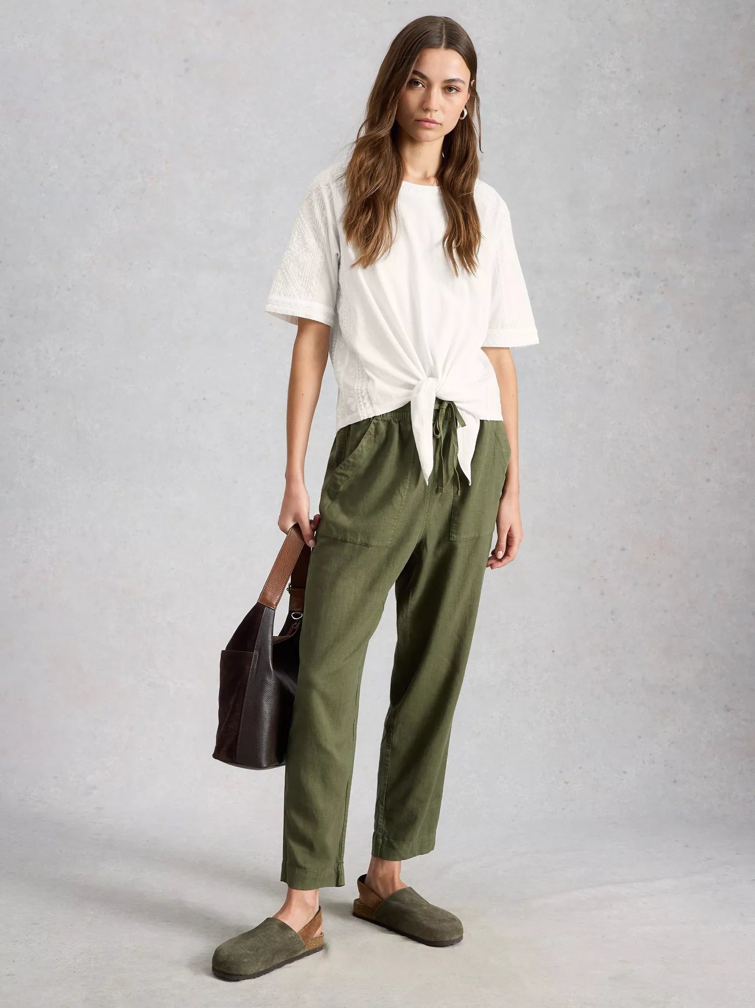 Embroidered Tie Hem Crew Neck Top – White | Women’s Summer Top