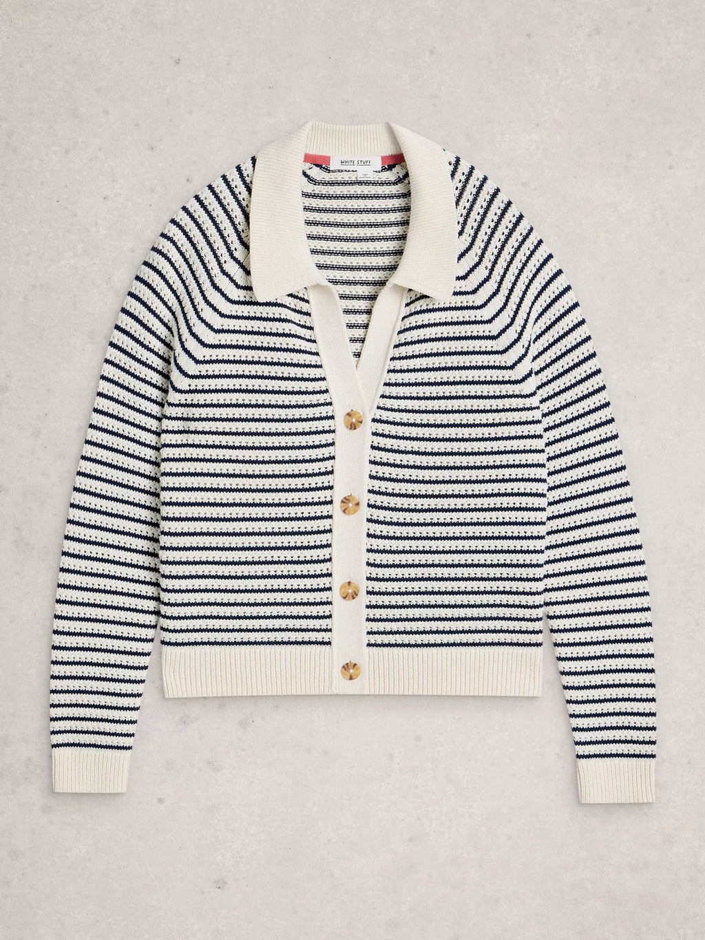 White Stuff Chaterly Organic Cotton Striped Cardigan – Nautical Collared Knit