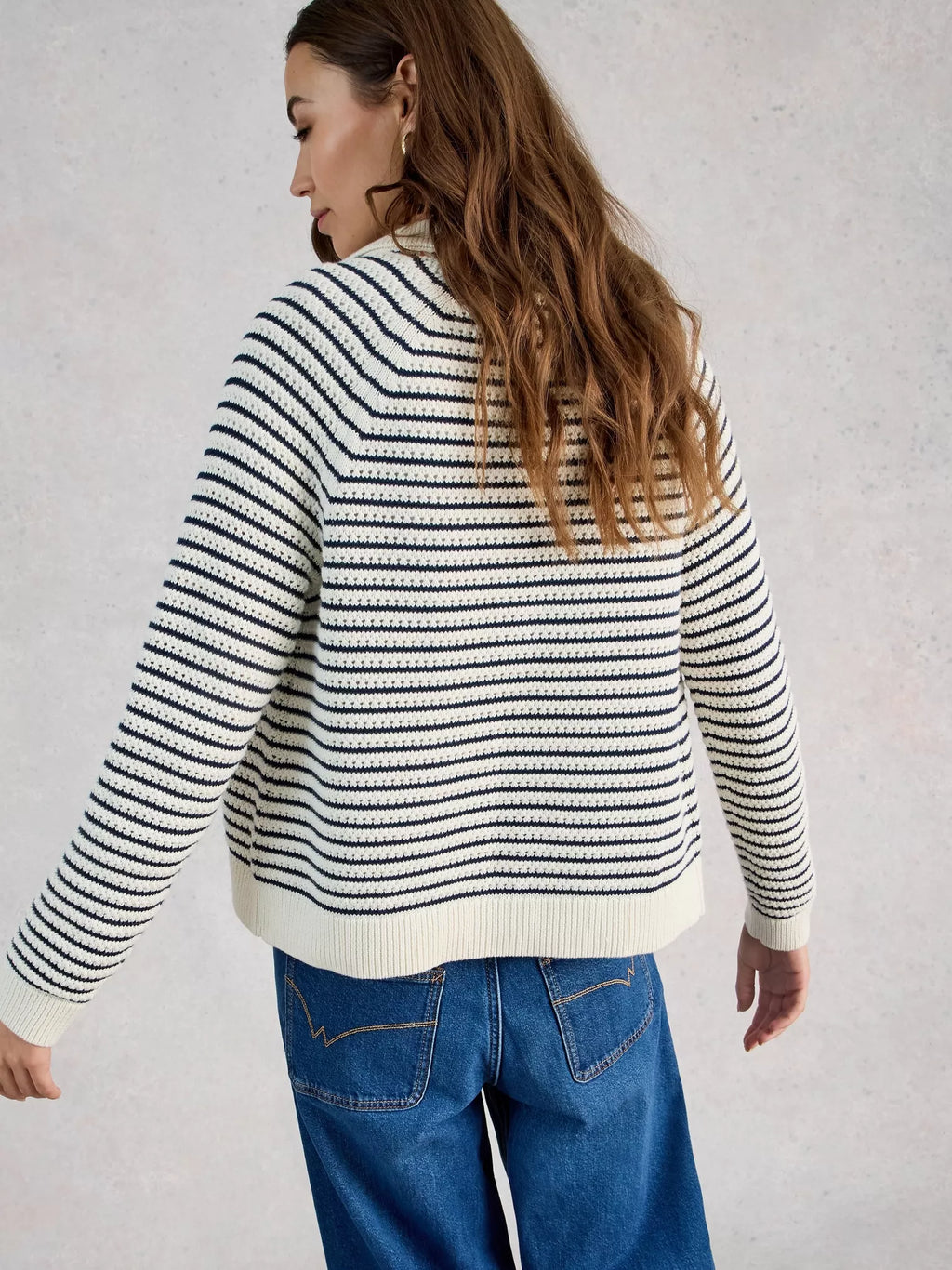 White Stuff Chaterly Organic Cotton Striped Cardigan – Nautical Collared Knit
