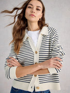 White Stuff Chaterly Organic Cotton Striped Cardigan – Nautical Collared Knit