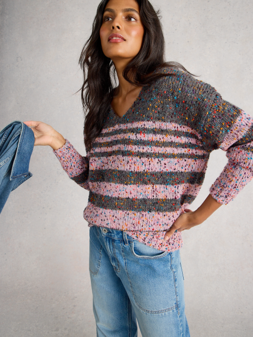 V Neck Textured Jumper – Flecked Knit, Soft Recycled Blend