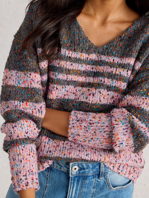 V Neck Textured Jumper – Flecked Knit, Soft Recycled Blend