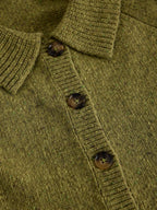 Close-up of an Shepherd Collar Cardi – Mid Chartreuse  dark brown buttons and ribbed collar, placket, and cuffs.