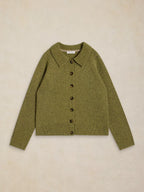 Shepherd Collar Cardi – Mid Chartreuse, laid flat on a textured beige background.