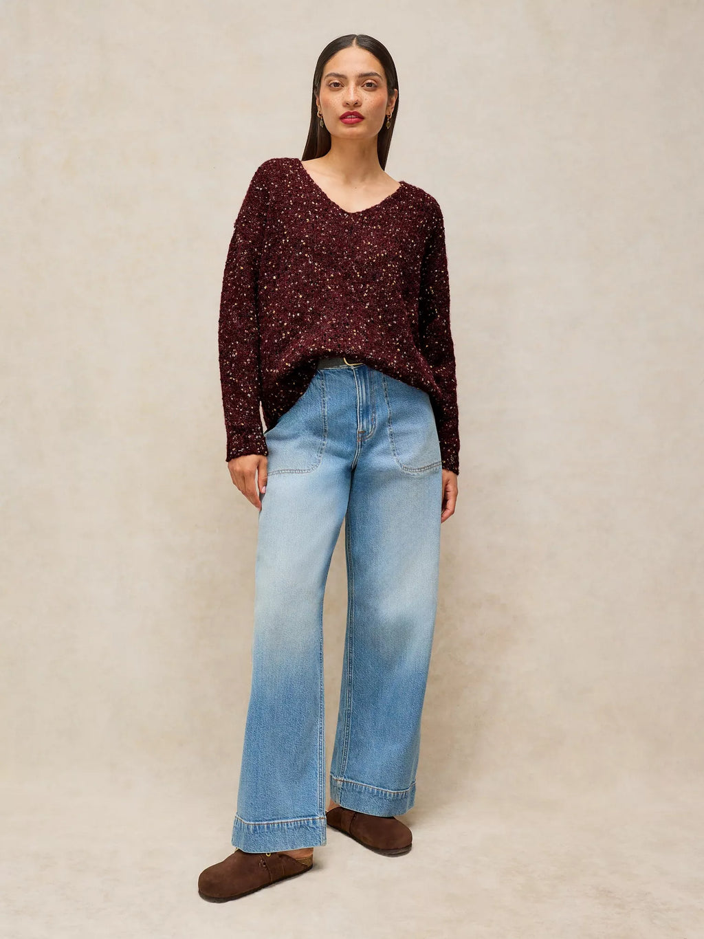 Texture V-Neck Jumper – Dark Plum / Dark Green